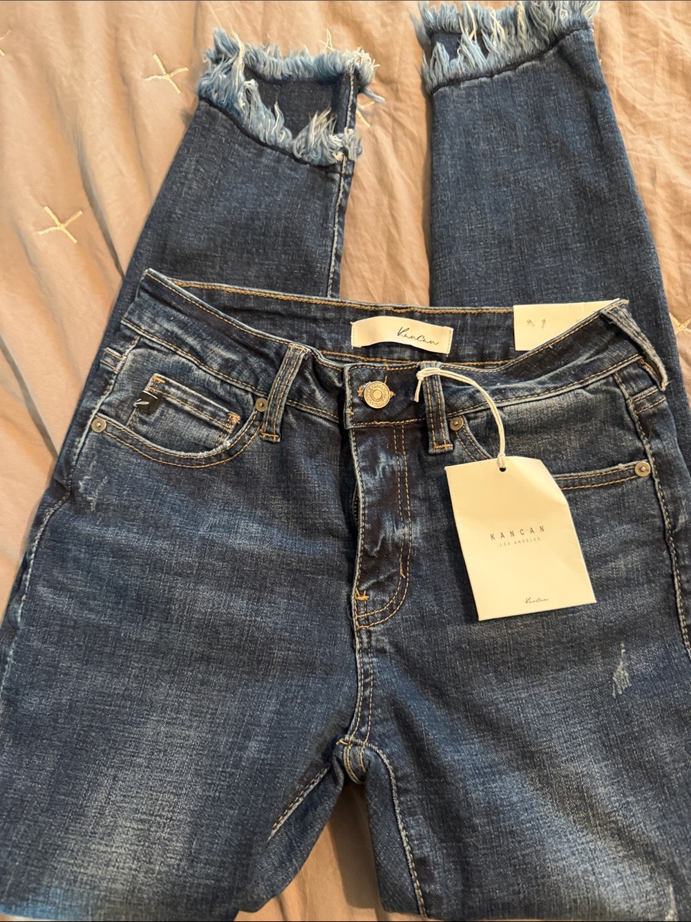 KanCan Dark Blue Distressed Ankle Jeans with Frayed Hem